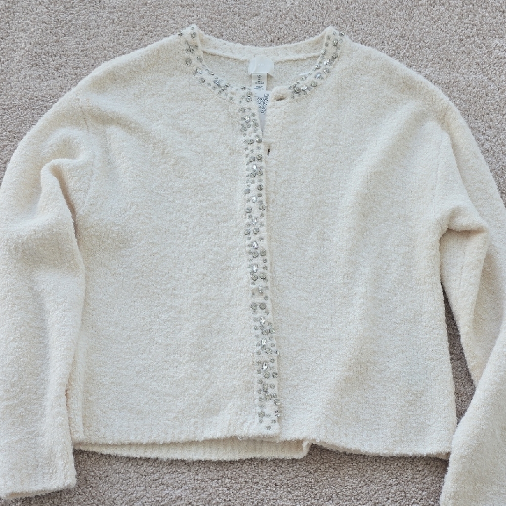 H&M Cream Bouclé Cardigan with Rhinestone Trim Size L New